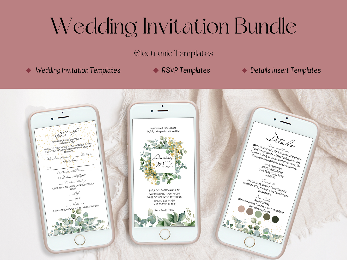 Eucalyptus & Gold Wedding Evite & Insert Cards Template Bundle, Digital Templates