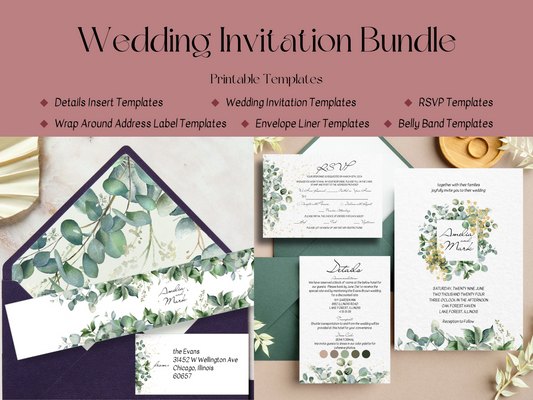 Eucalyptus & Gold Wedding Invitation Suite with Envelope Decoration Templates, Printable Templates