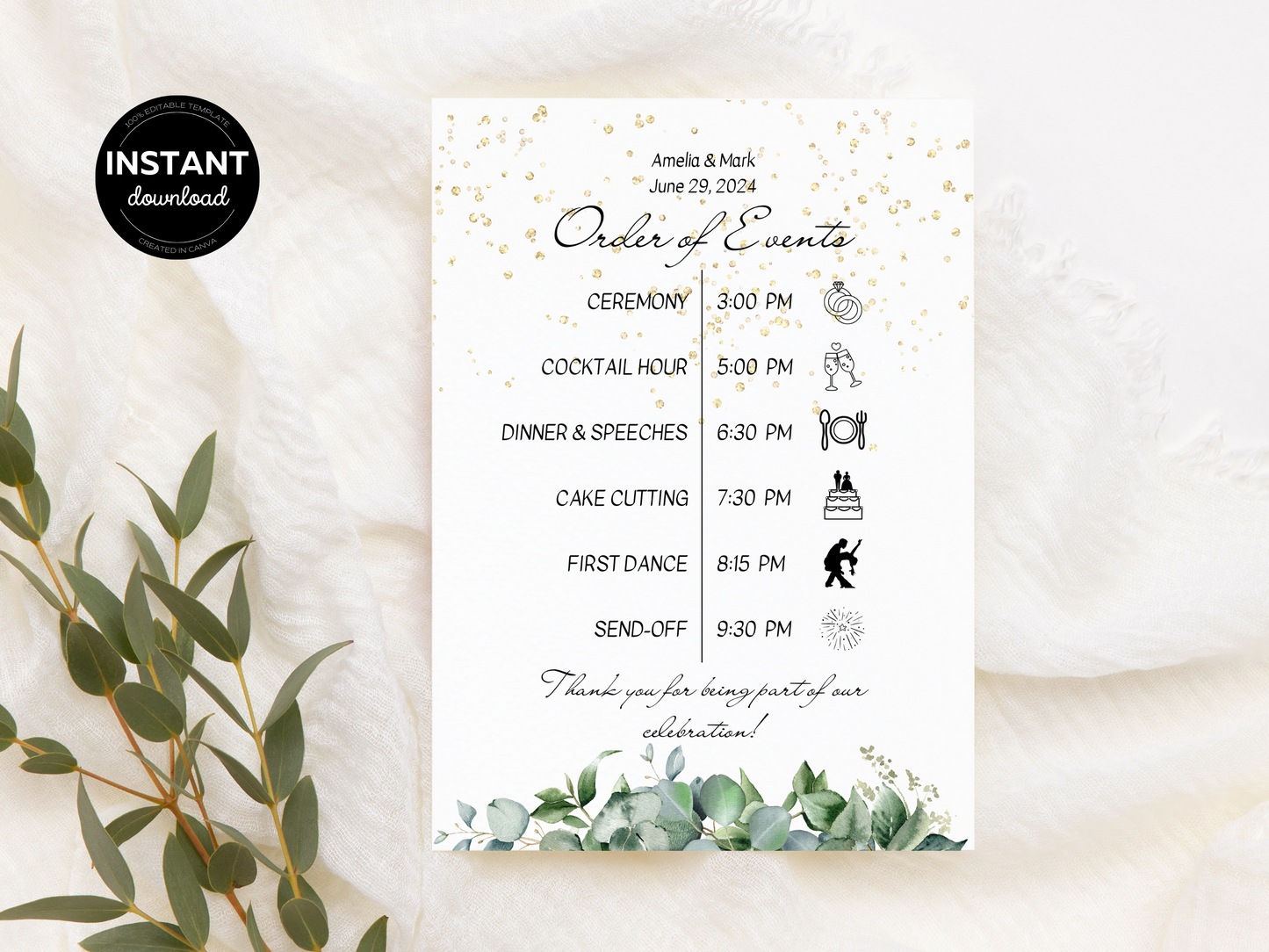 Eucalyptus & Gold Wedding Order of Event Templates, Printable Templates