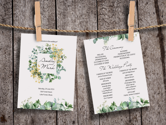 Eucalyptus & Gold Wedding Program Templates, Printable Templates