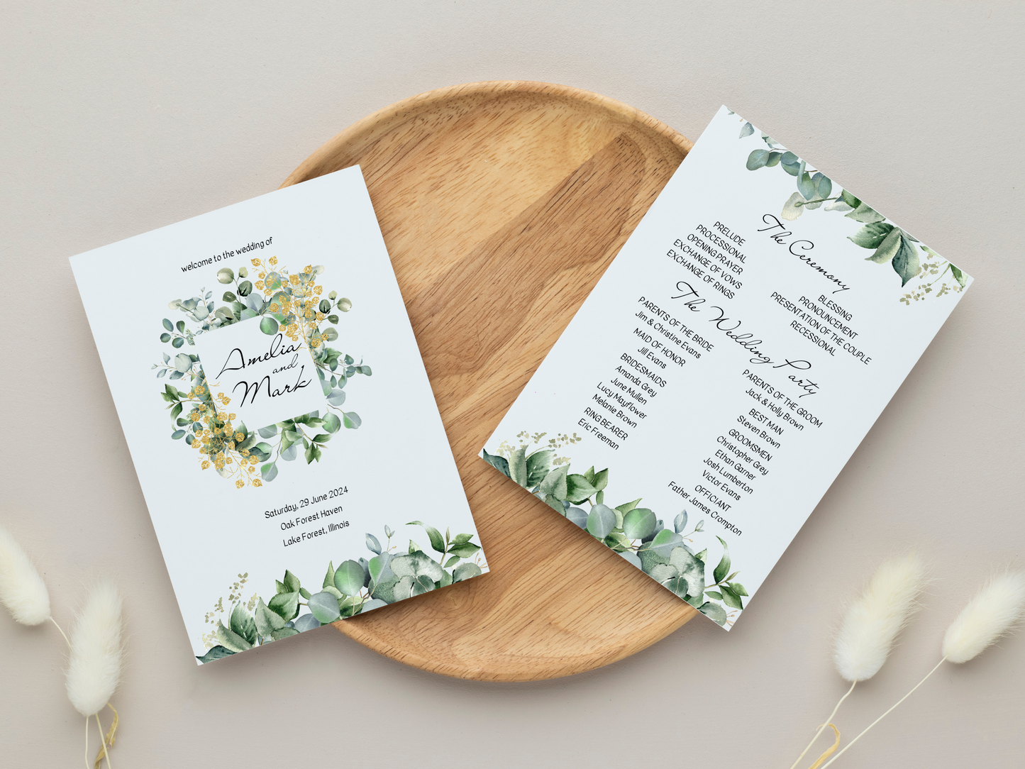 Eucalyptus & Gold Wedding Program Templates, Printable Templates
