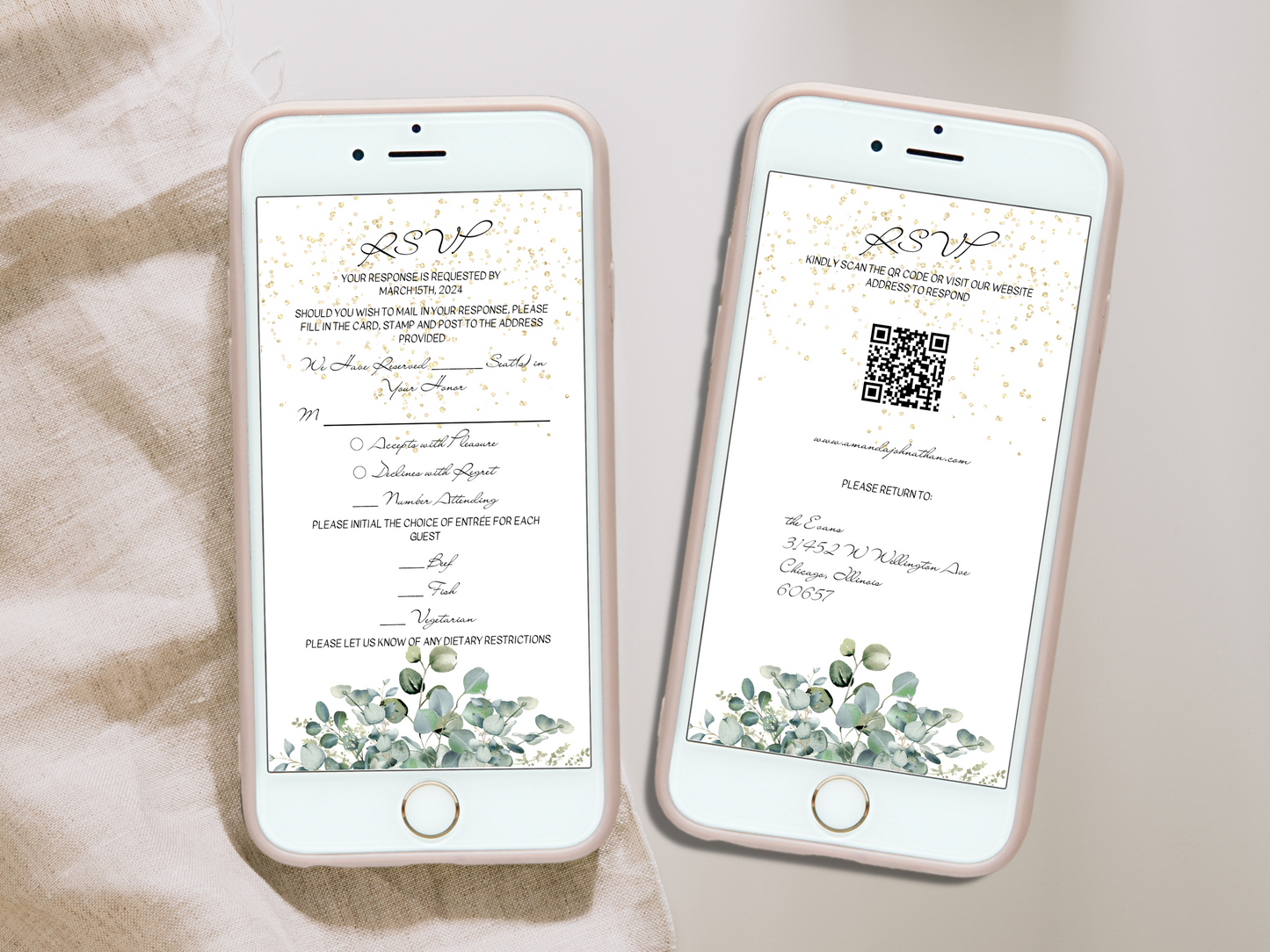 Eucalyptus & Gold Wedding RSVP Insert Templates, Printable & Digital Templates