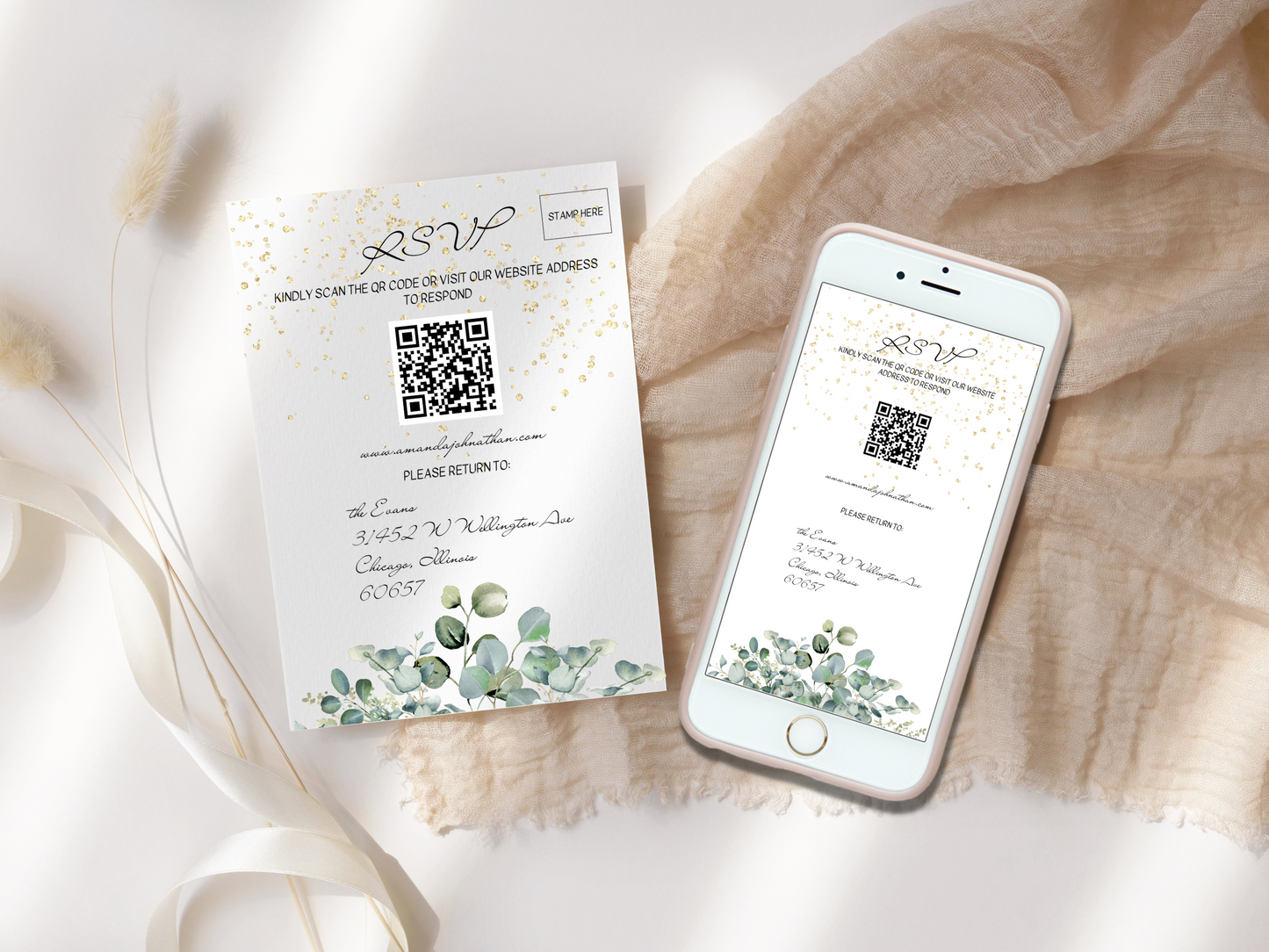 Eucalyptus & Gold Wedding RSVP Insert Templates, Printable & Digital Templates