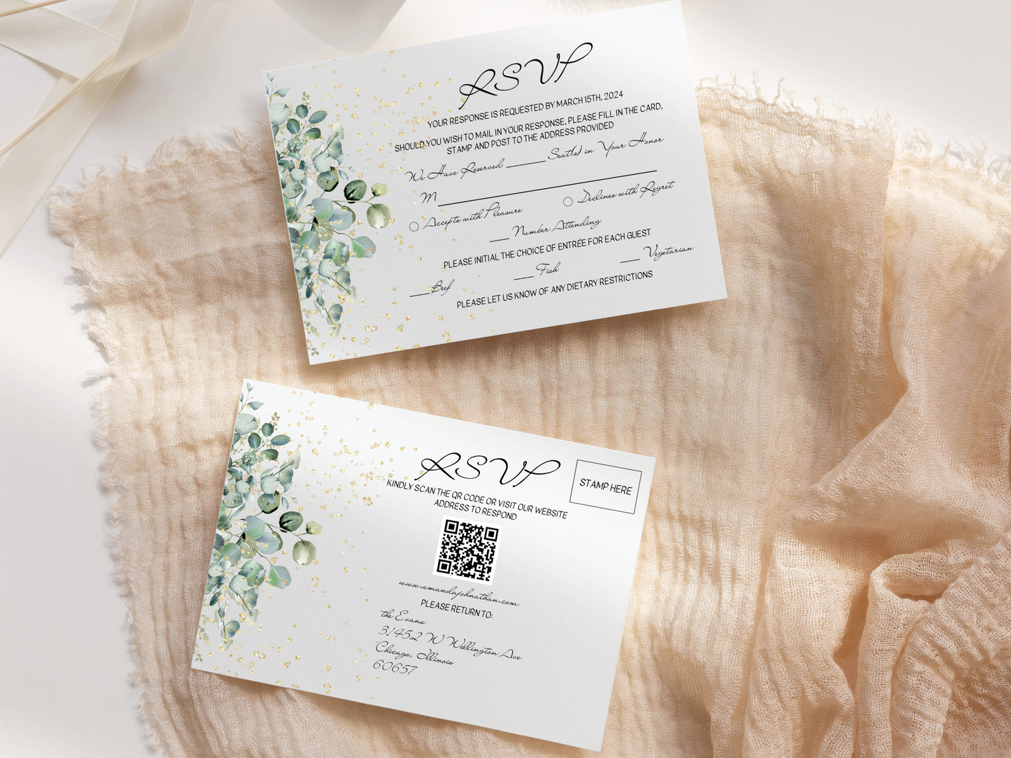 Eucalyptus & Gold Wedding Invitation & Insert Card Templates Bundle, Printable Templates