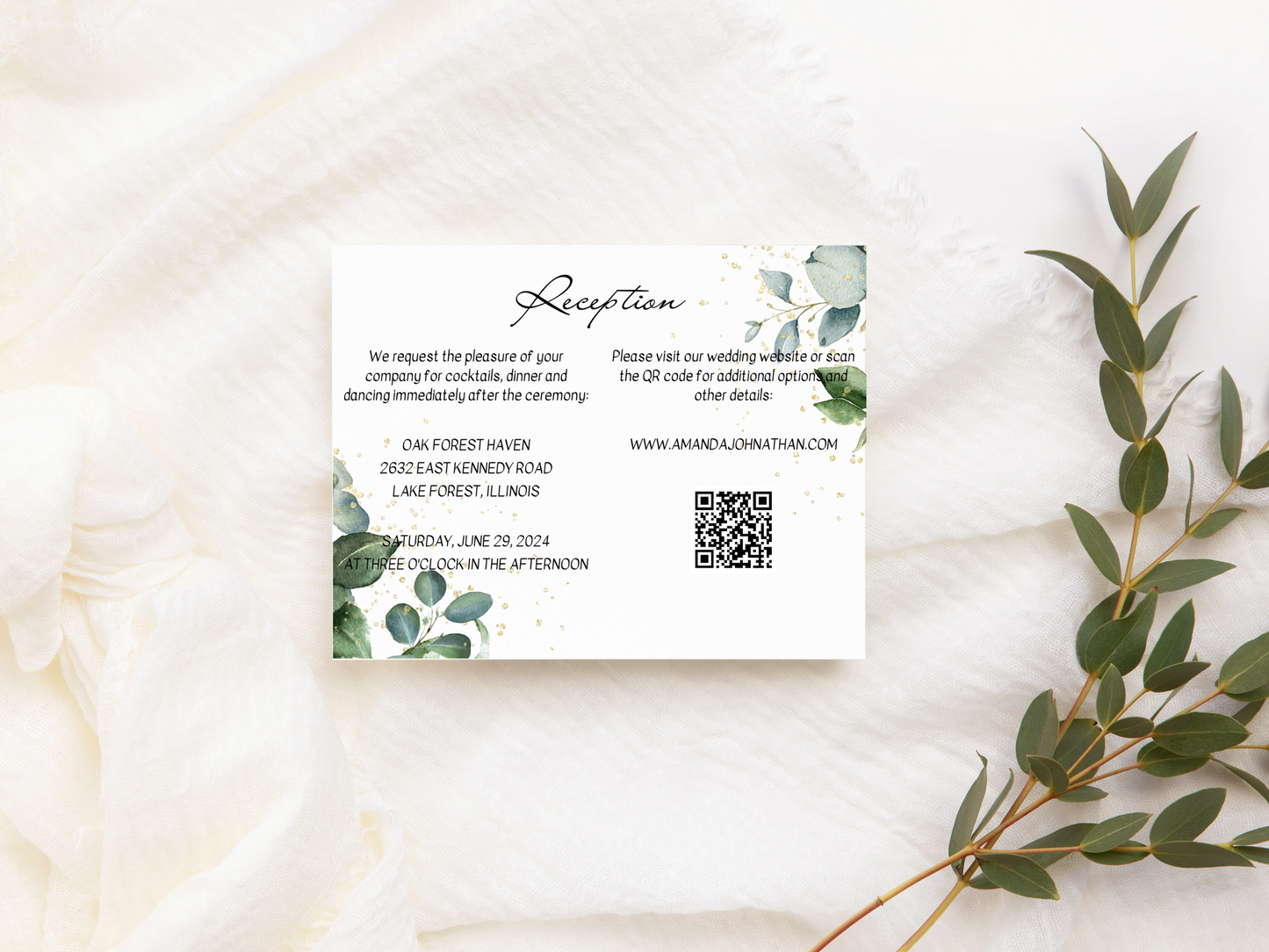 Eucalyptus & Gold Wedding Reception Invitation Templates, Printable & Digital Templates