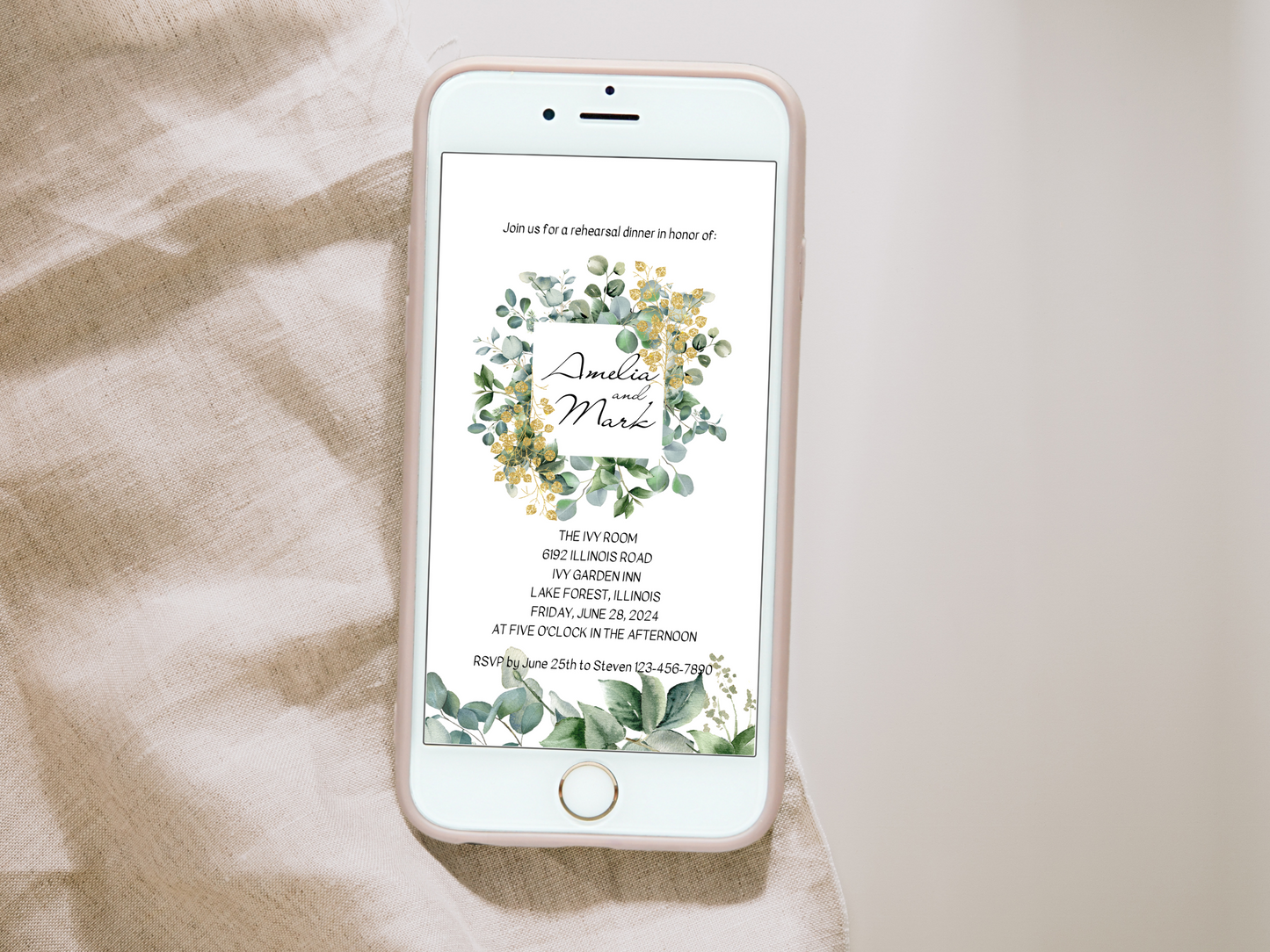 Eucalyptus & Gold Wedding Rehearsal Dinner Invitation Templates, Printable & Digital Templates