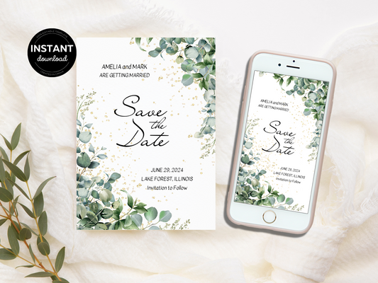 Eucalyptus & Gold Wedding Save the Date Templates, Printable & Digital Templates
