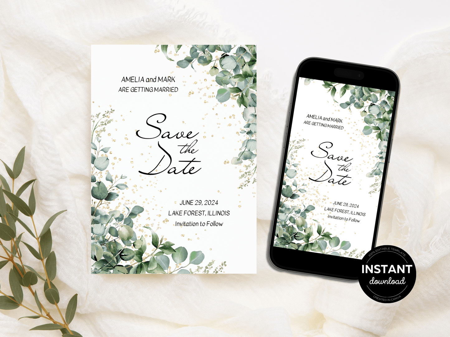 Eucalyptus & Gold Wedding Save the Date Templates, Printable & Digital Templates