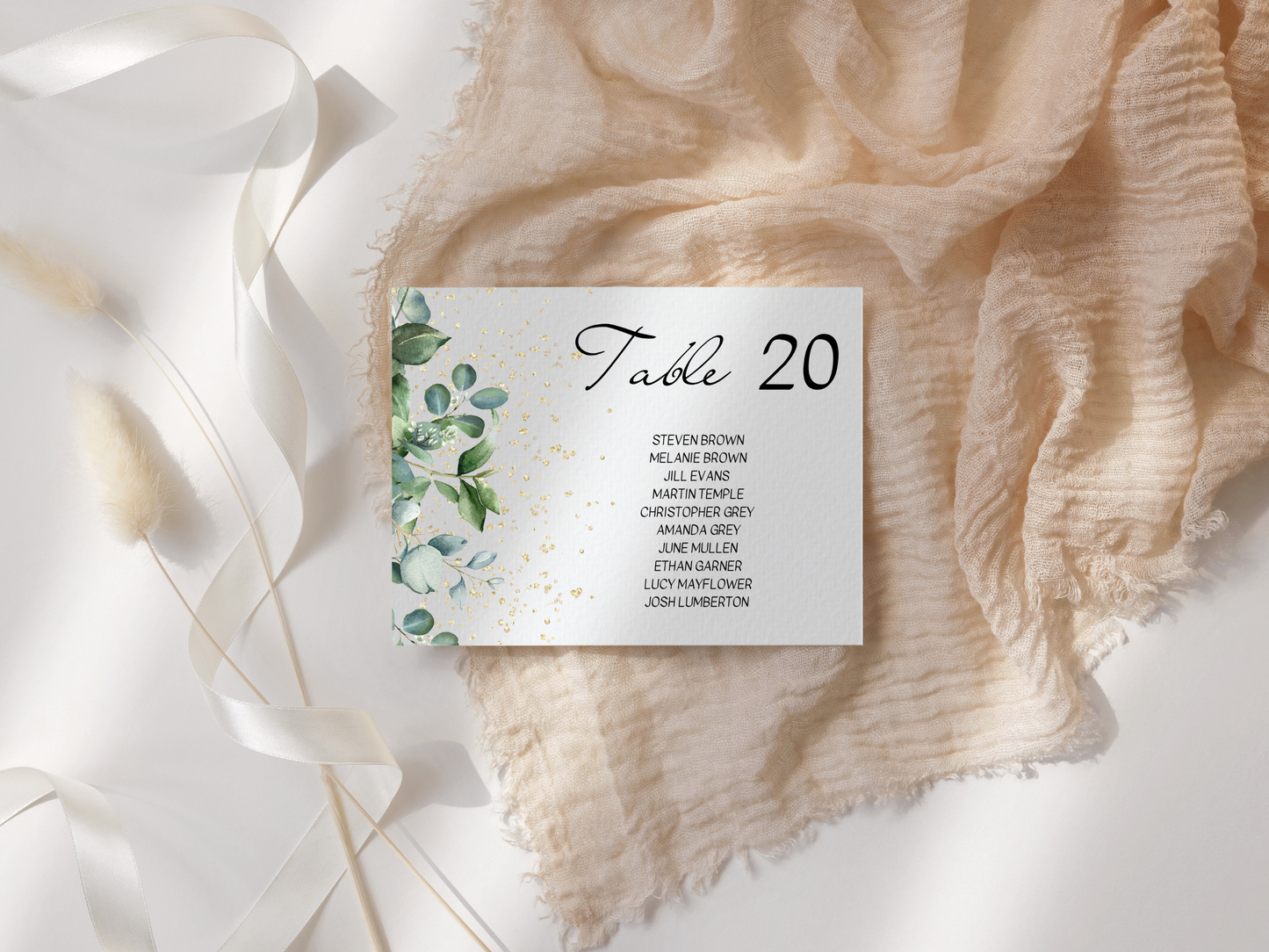 Eucalyptus & Gold Wedding Seating Chart Card Templates, Printable Templates