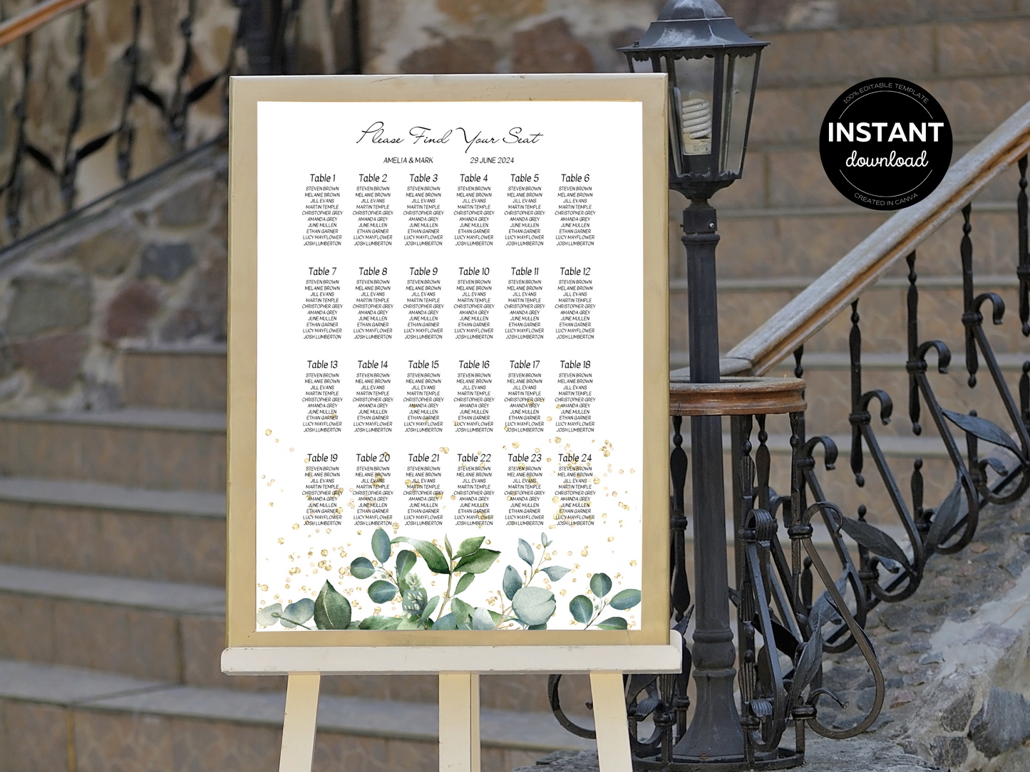 Eucalyptus & Gold Wedding Seating Template Bundle, Printable Templates