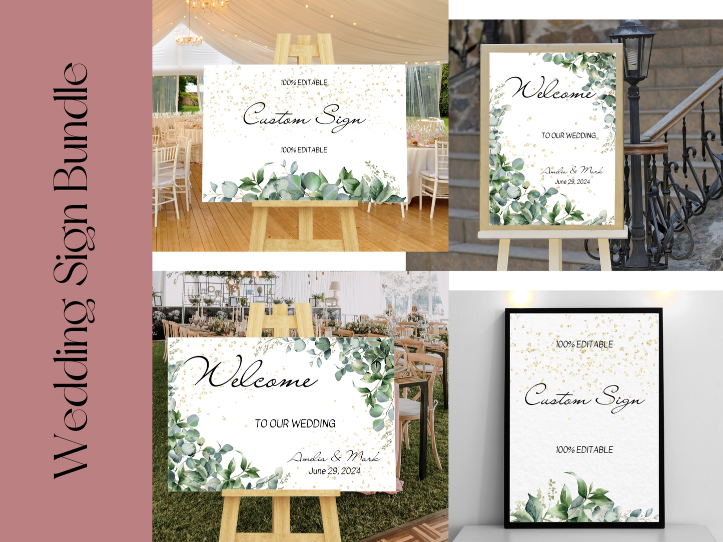Eucalyptus & Gold Wedding Sign Template Bundle, Printable Templates