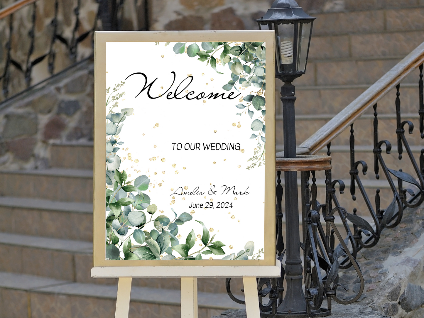 Eucalyptus & Gold Wedding Welcome Sign Templates, Printable Templates