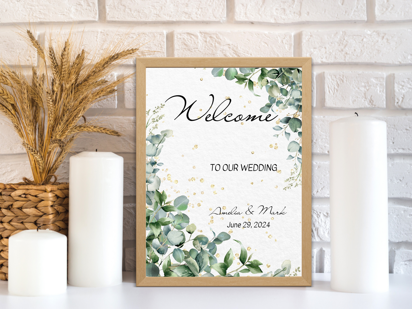 Eucalyptus & Gold Wedding Sign Template Bundle, Printable Templates
