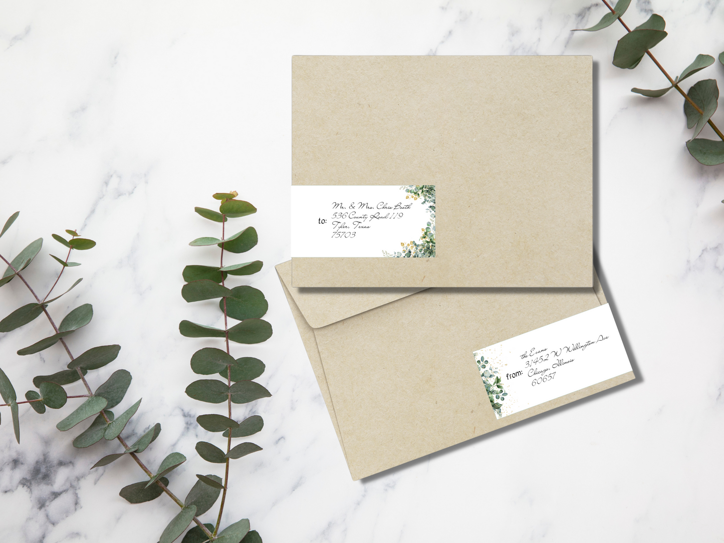 Eucalyptus & Gold Wedding Wrap Around Address Label Templates, Printable Templates