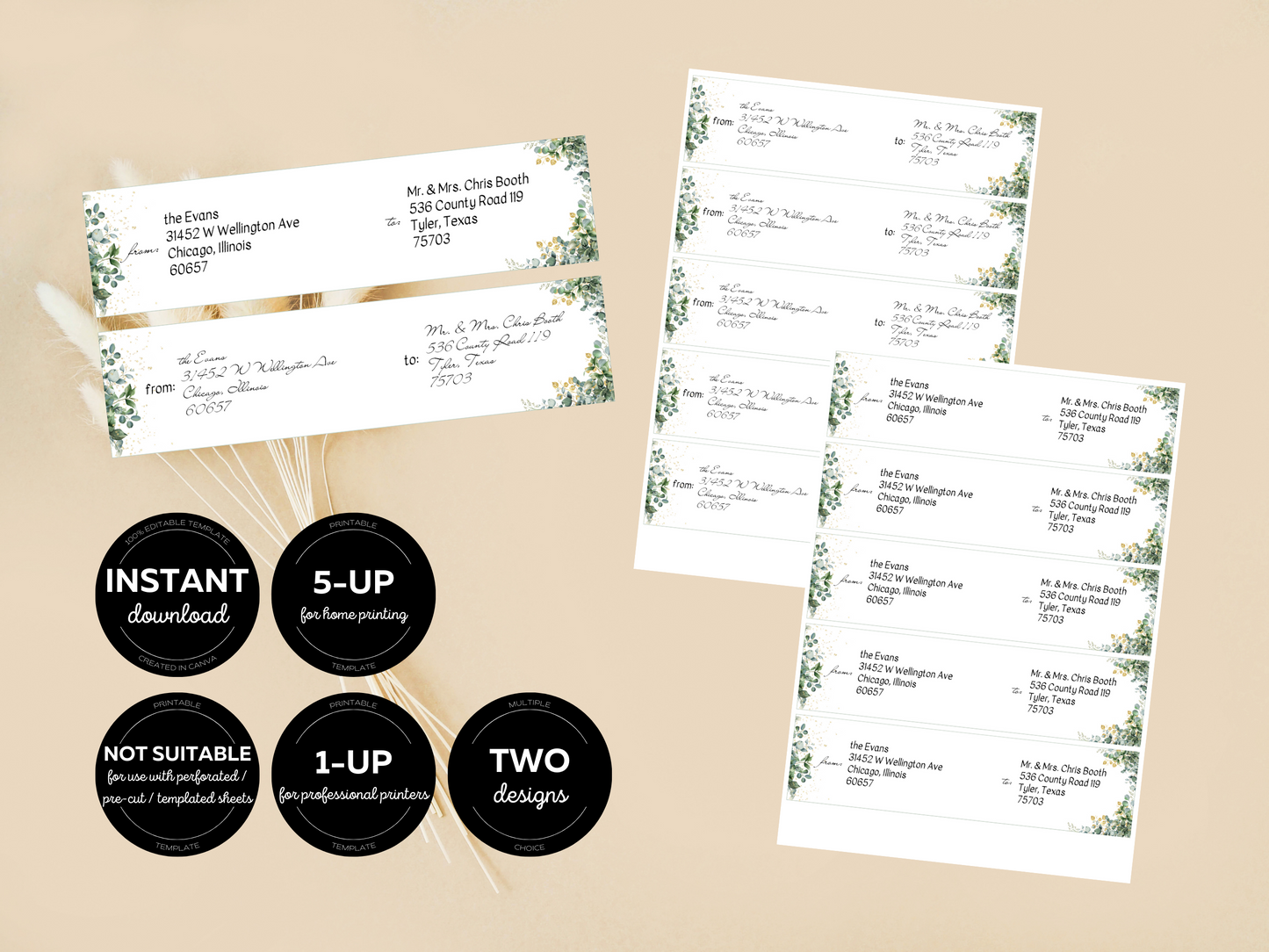 Eucalyptus & Gold Wedding Wrap Around Address Label Templates, Printable Templates