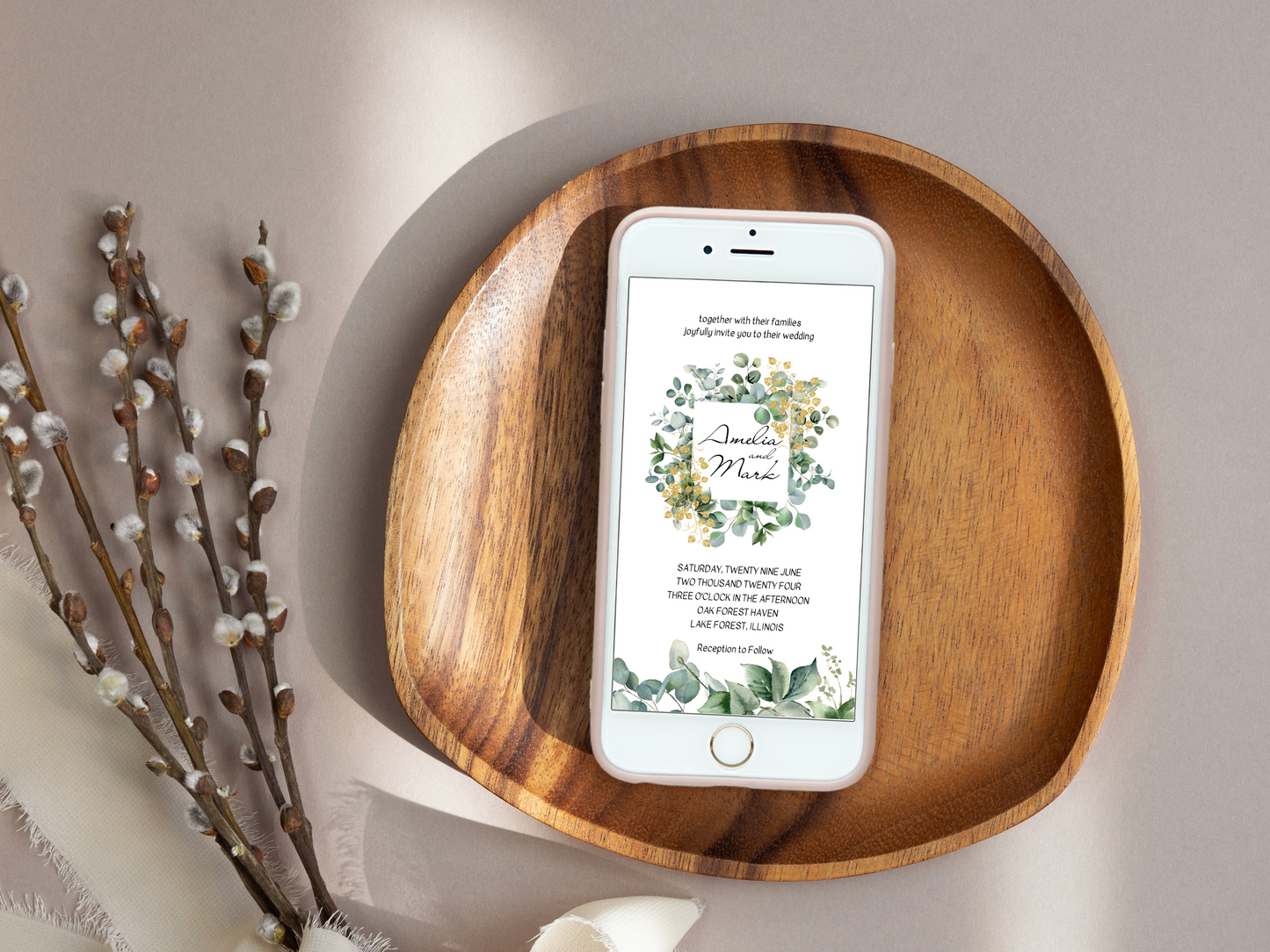Eucalyptus & Gold Wedding Invitation Templates, Printable & Digital Templates