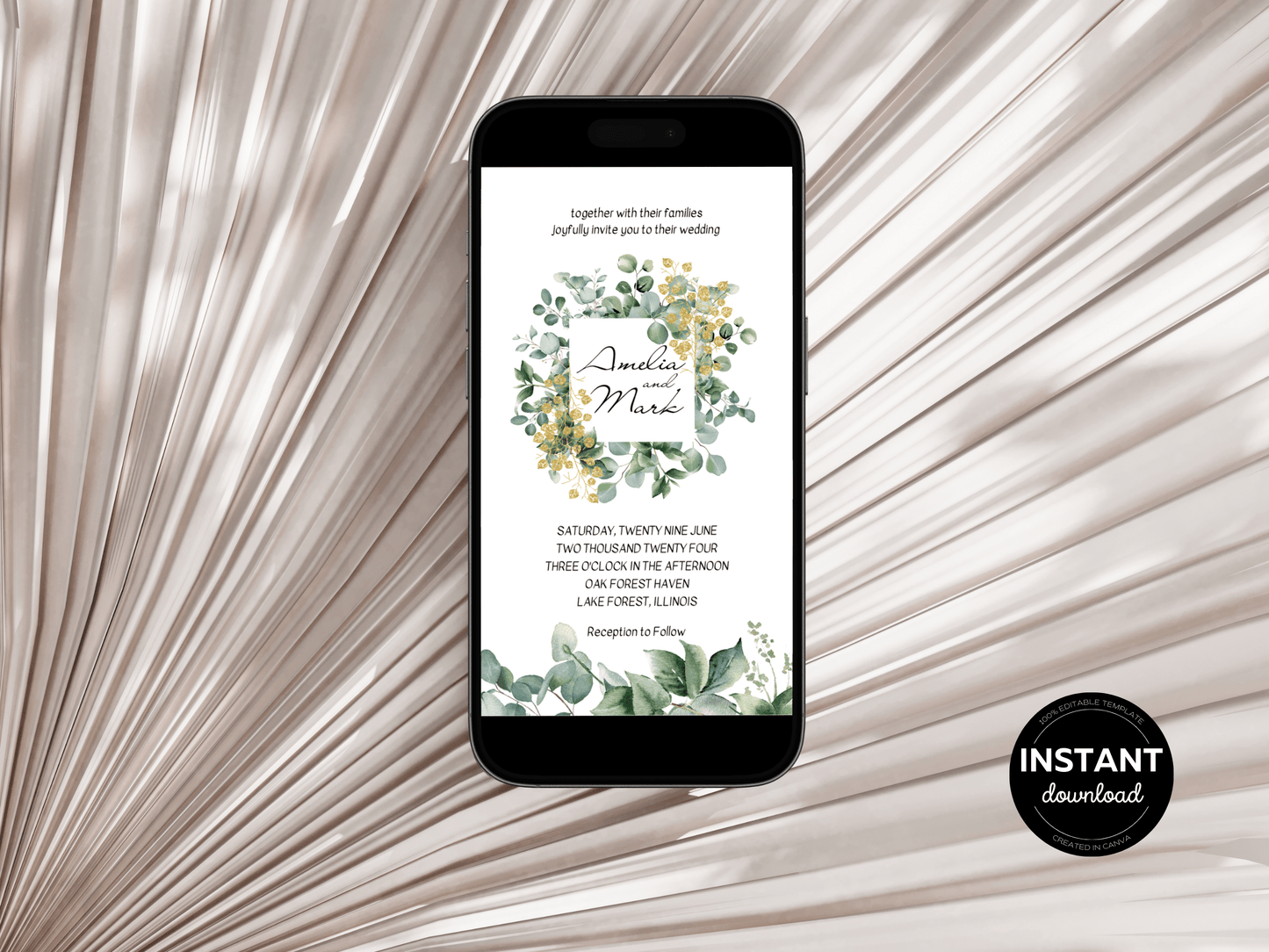 Eucalyptus & Gold Wedding Evite & Insert Cards Template Bundle, Digital Templates