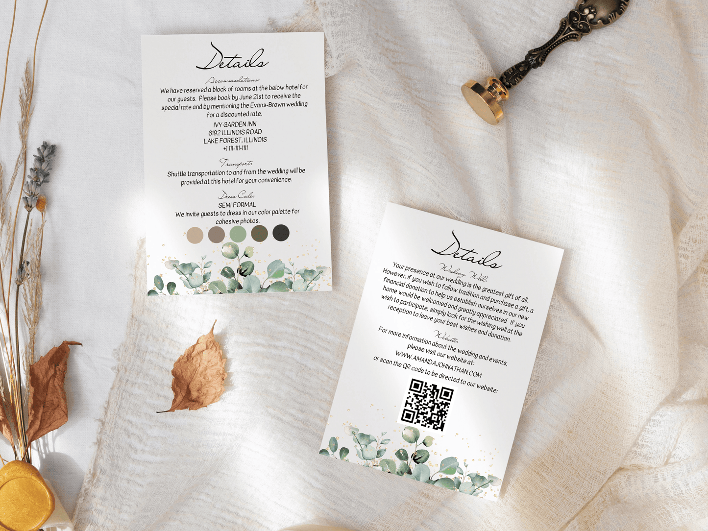Eucalyptus & Gold Wedding Invitation & Insert Card Templates Bundle, Printable Templates