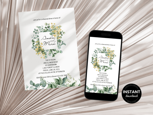 Eucalyptus & Gold Wedding Rehearsal Dinner Invitation Templates, Printable & Digital Templates