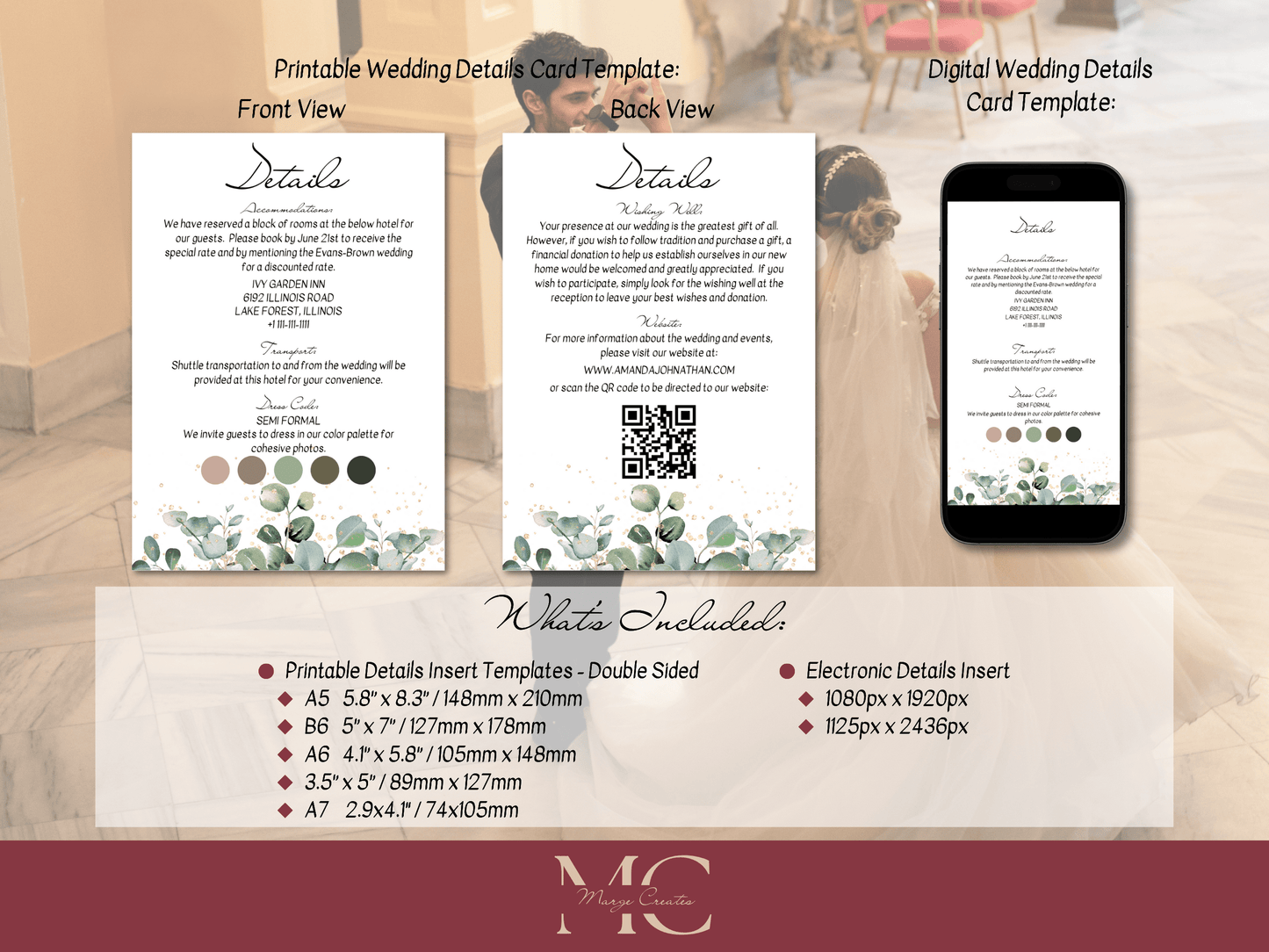 Eucalyptus & Gold Wedding Details Insert Templates, Printable & Digital Templates