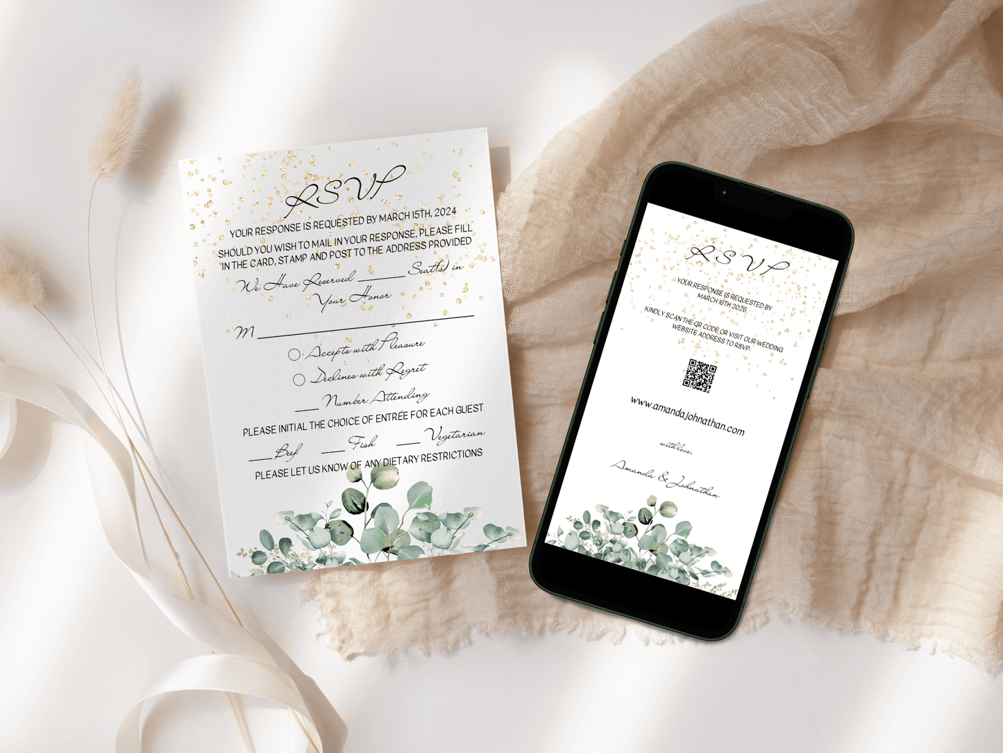 Eucalyptus & Gold Wedding Invitation Suite with Envelope Decoration Templates, (WA), Printable Templates