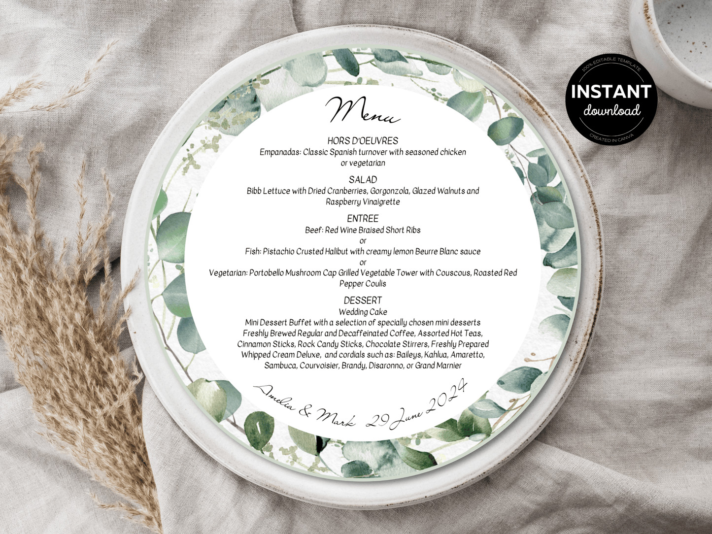 Eucalyptus Round Wedding Menu Templates, Printable Templates