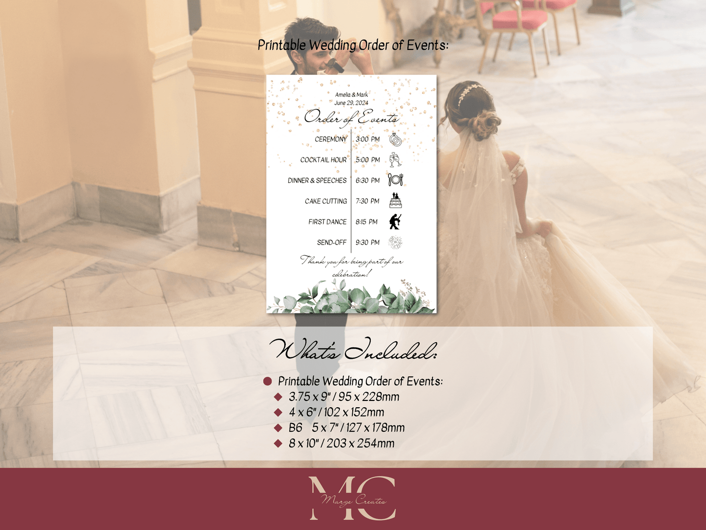 Eucalyptus & Gold Wedding Order of Event Templates, Printable Templates