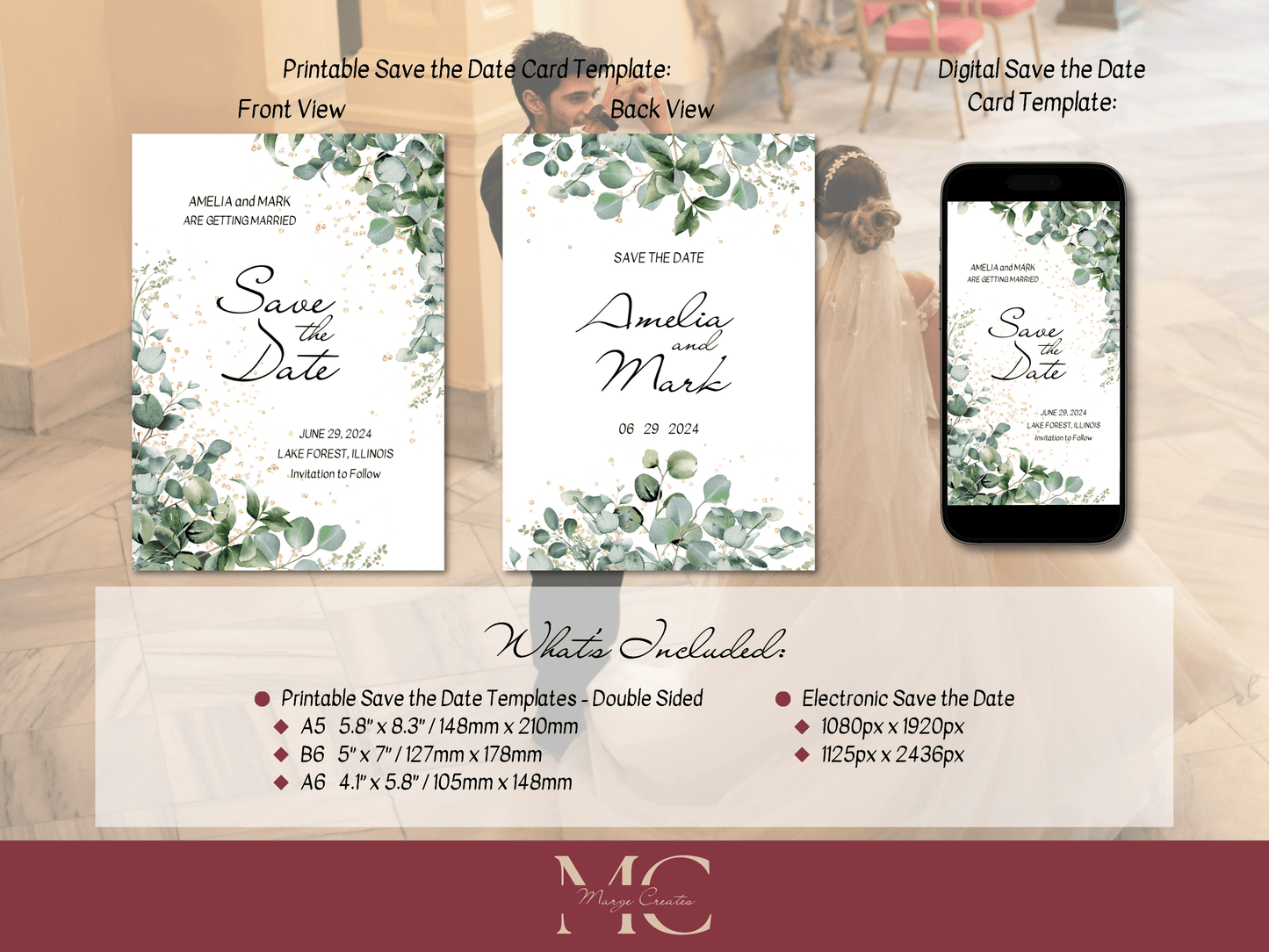 Eucalyptus & Gold Wedding Save the Date Templates, Printable & Digital Templates