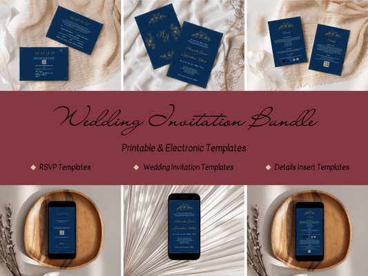 Elegant Blue & Gold Wedding Invitation & Insert Card Template Bundle, Printable & Digital Templates