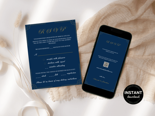 Elegant Blue and Gold Wedding RSVP Insert Template, Printable & Digital Templates