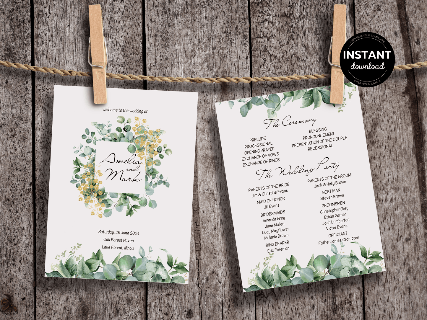 Eucalyptus & Gold Wedding Program Templates, Printable Templates