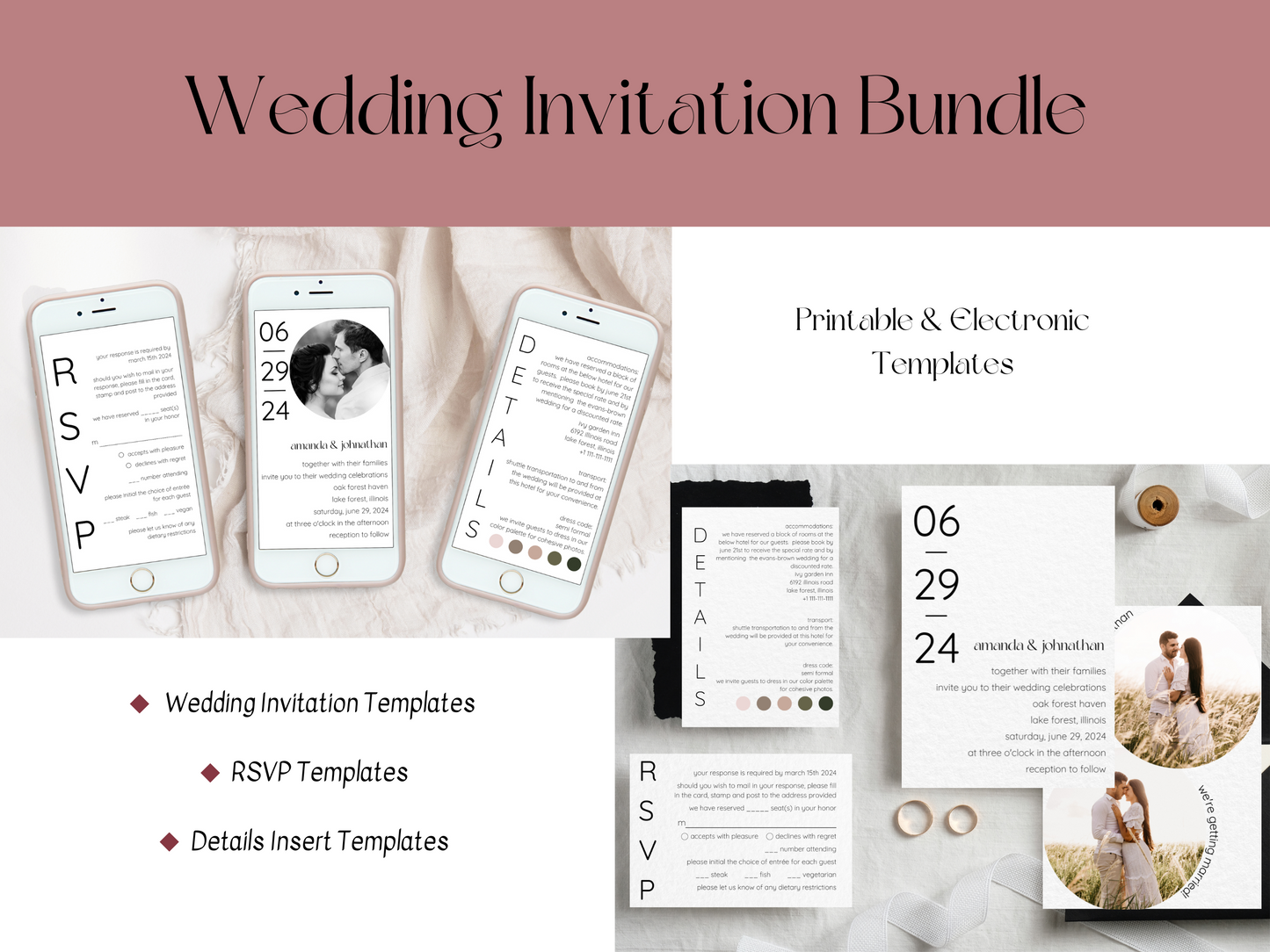 Minimalist Photo Wedding Invitation & Insert Card Template Bundle, Printable & Digital Templates