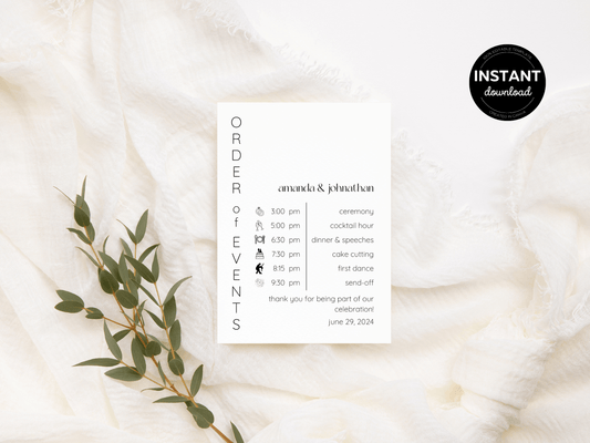 Minimalist Wedding Order of Event Template, Printable Template