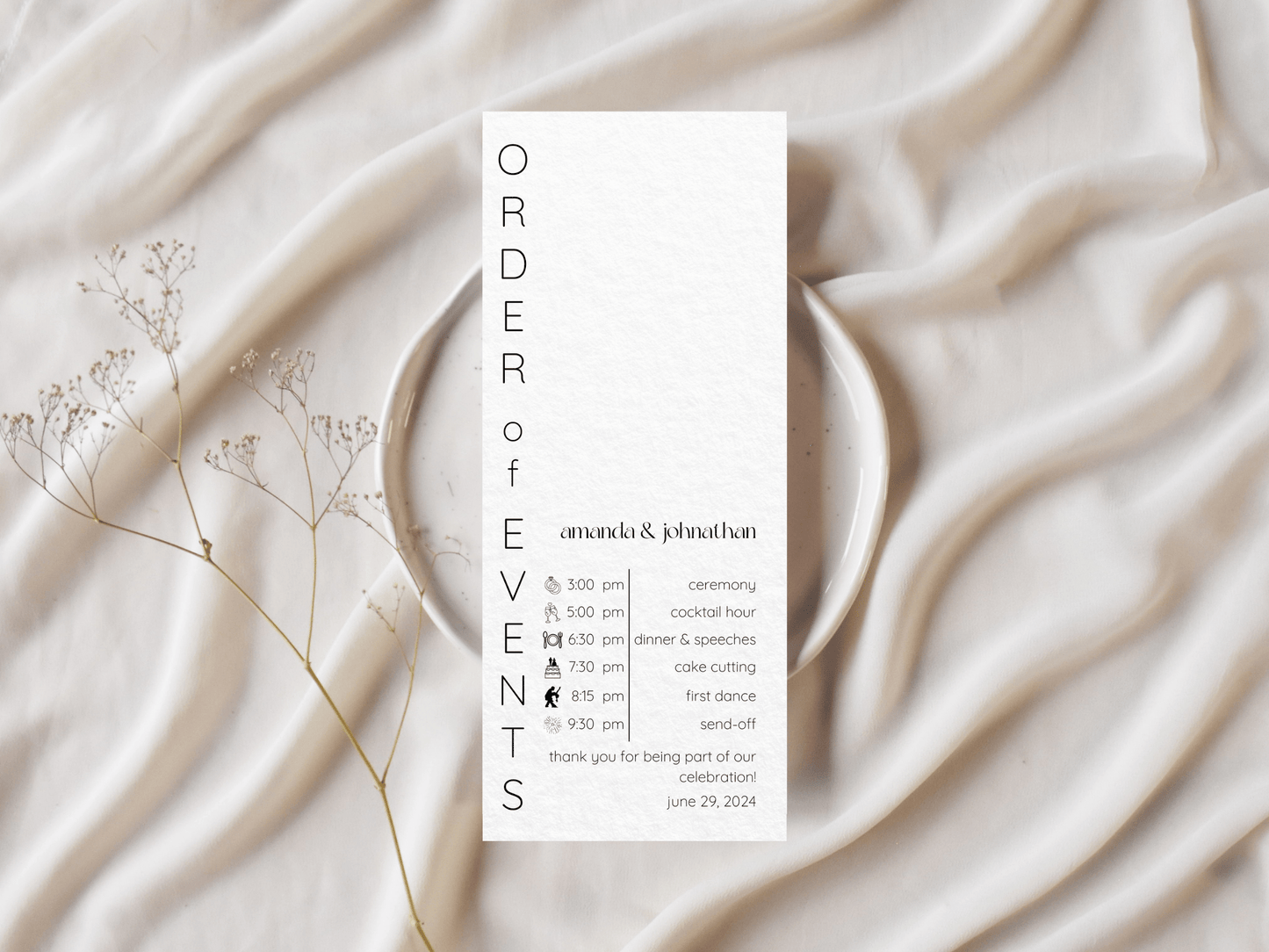 Minimalist Wedding Order of Event Template, Printable Template