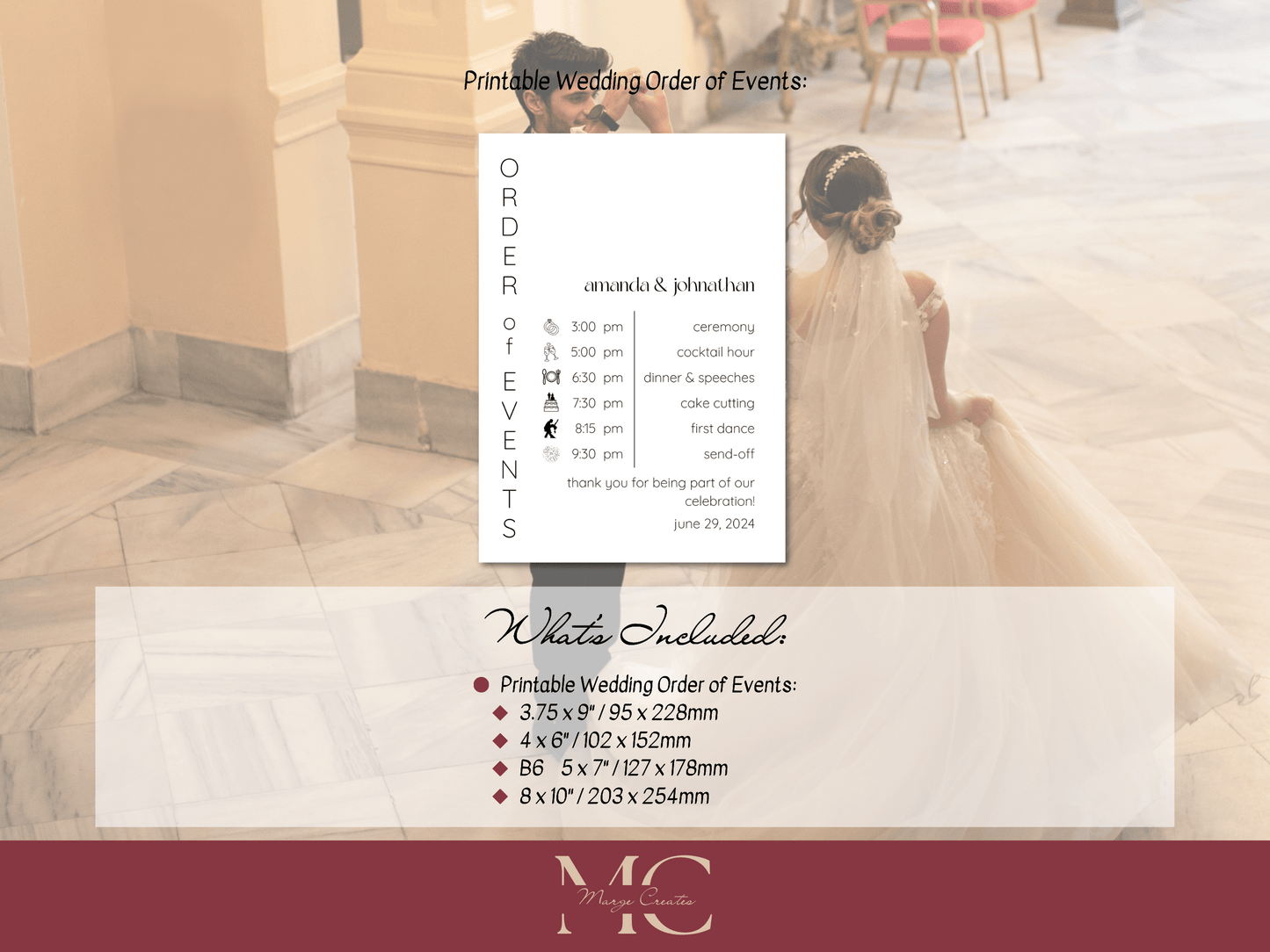 Minimalist Wedding Order of Event Template, Printable Template