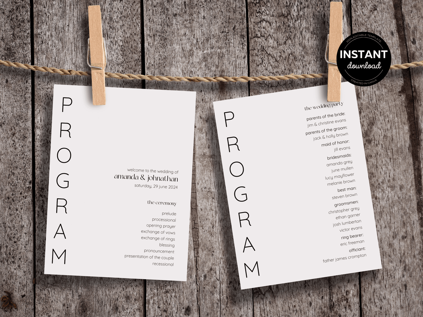 Minimalist Wedding Program Template, Printable Templates