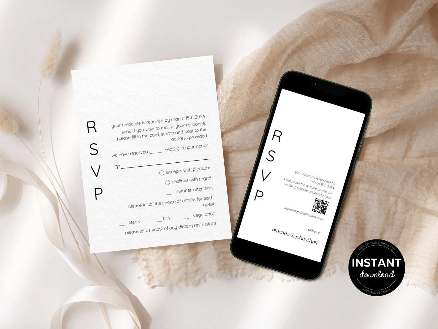 Minimalist Wedding RSVP Insert Template, Printable & Digital Templates