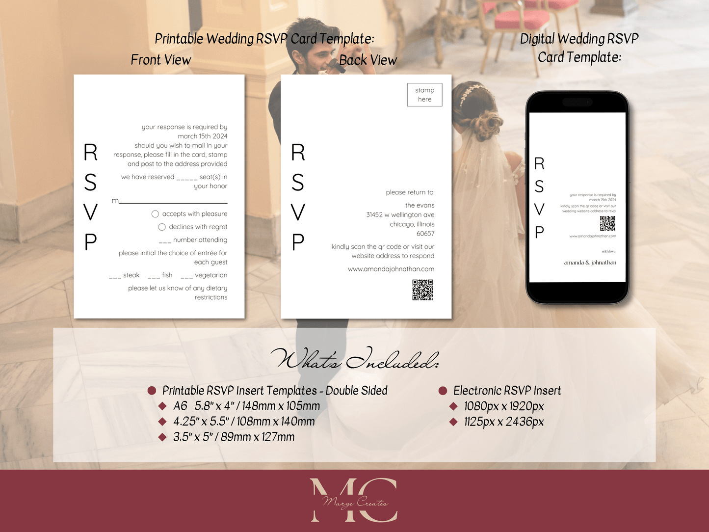 Minimalist Wedding RSVP Insert Template, Printable & Digital Templates