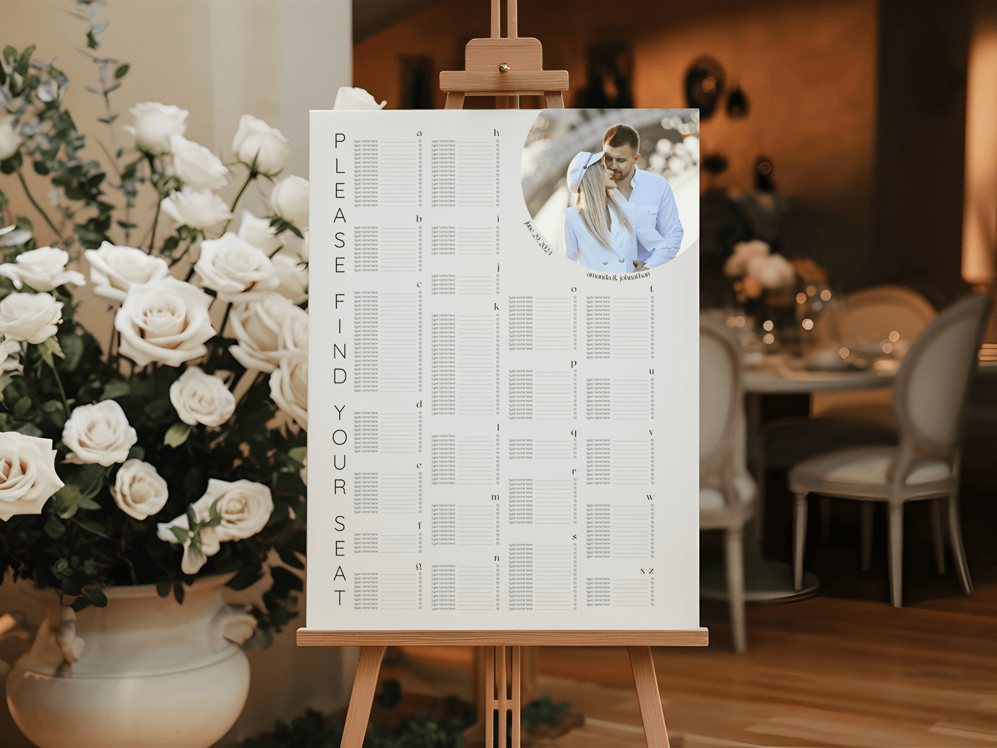 Minimalist Round Photo 7Pc Wedding Reception Bundle with Alphabetical Seating Chart, Printable Templates