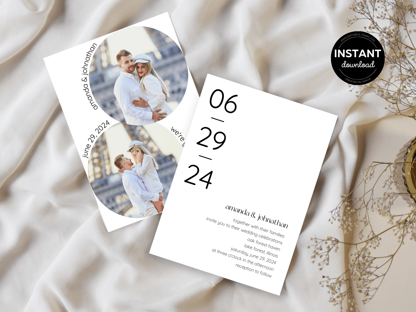 Minimalist Round Photo Wedding Invitation & Insert Card Template Bundle, Printable Templates