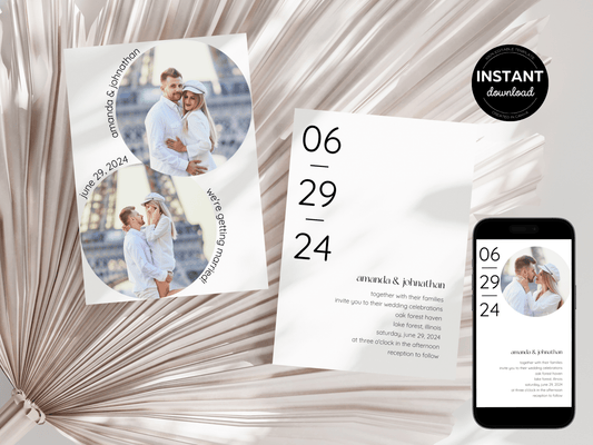 Minimalist Round Photo Wedding Invitation Template, Printable & Digital Templates