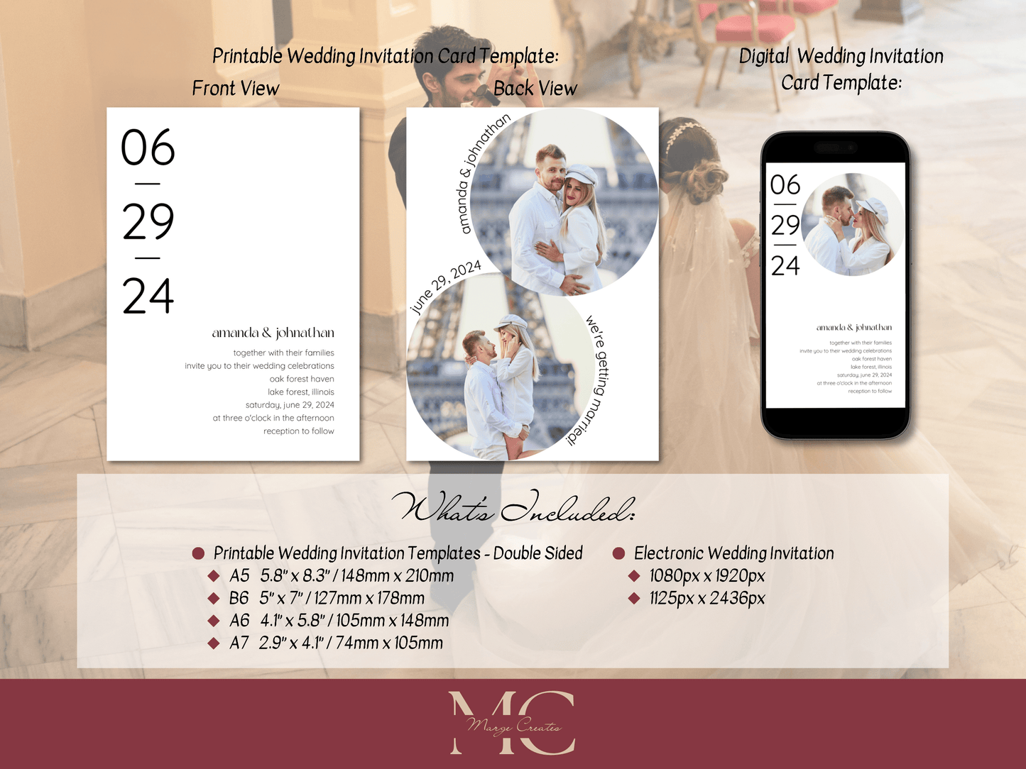 Minimalist Round Photo Wedding Invitation Template, Printable & Digital Templates