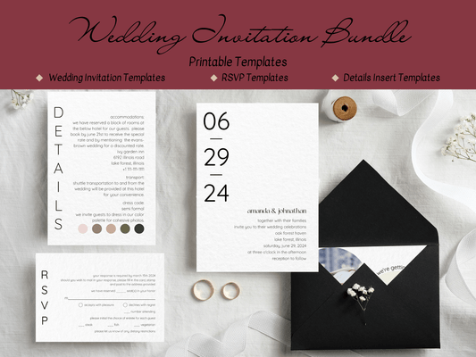 Minimalist Round Photo Wedding Invitation & Insert Card Template Bundle, Printable Templates