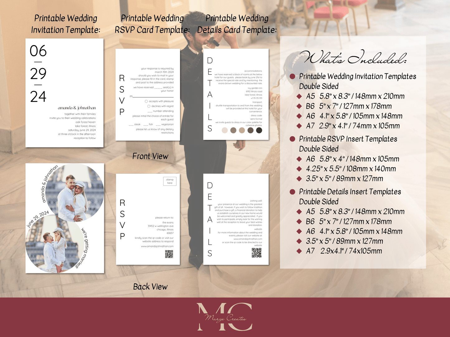 Minimalist Round Photo Wedding Invitation & Insert Card Template Bundle, Printable Templates