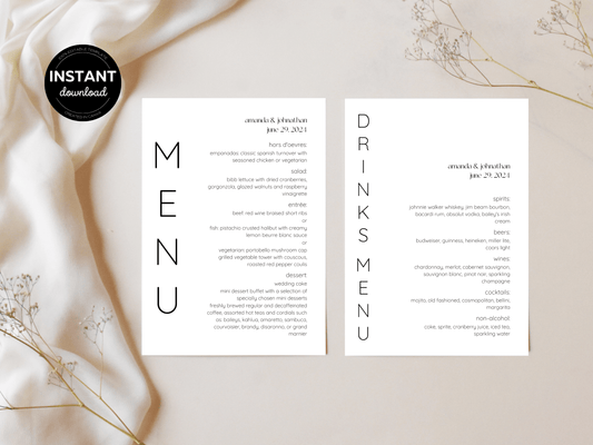 Minimalist Wedding Menu & Drinks Menu Template, Printable Template