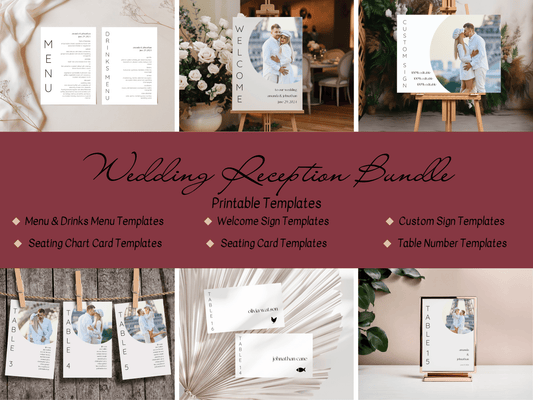 Minimalist Round Photo 7Pc Wedding Reception Bundle with Seating Chart Card, Printable Templates