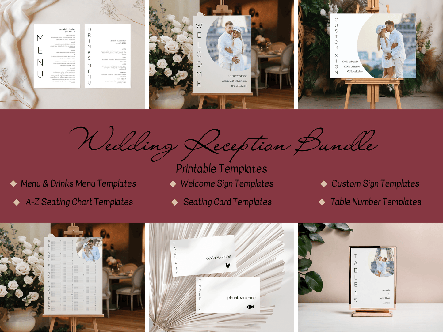 Minimalist Round Photo 7Pc Wedding Reception Bundle with Alphabetical Seating Chart, Printable Templates