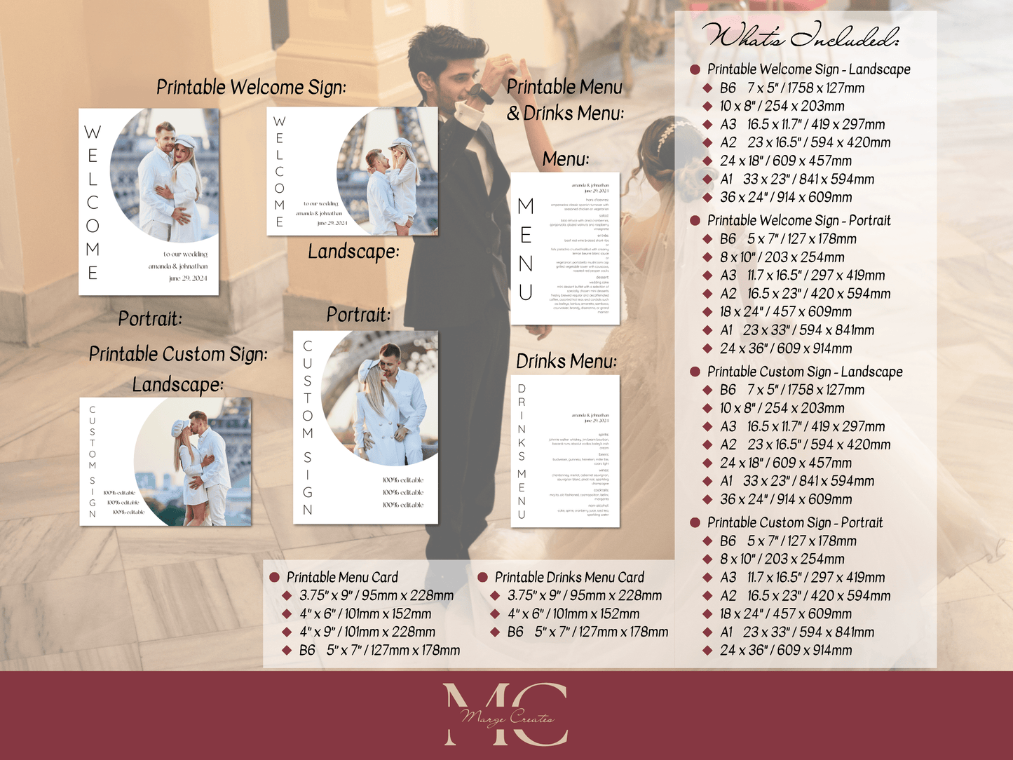 Minimalist Round Photo 7Pc Wedding Reception Bundle with Alphabetical Seating Chart, Printable Templates