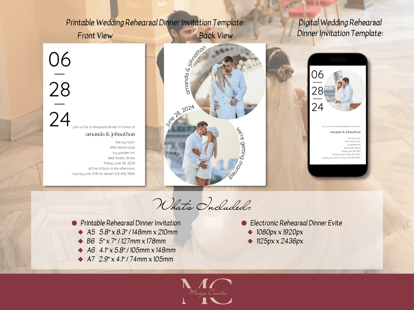 Minimalist Round Photo Wedding Rehearsal Dinner Invitation Template, Printable & Digital Templates