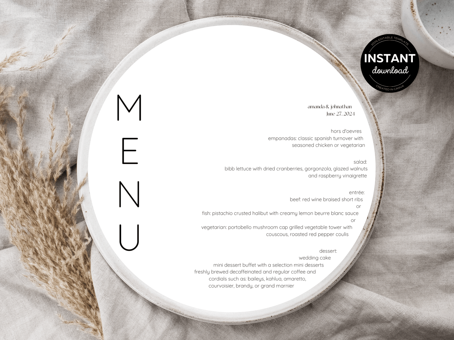 Minimalist Round Wedding Menu Template, Printable Templates